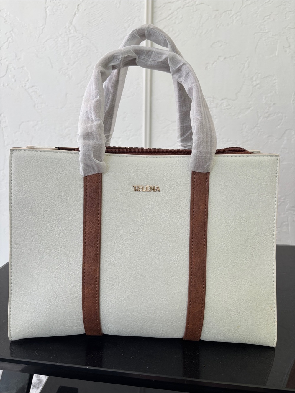 Telena white Tote with Brown Trim